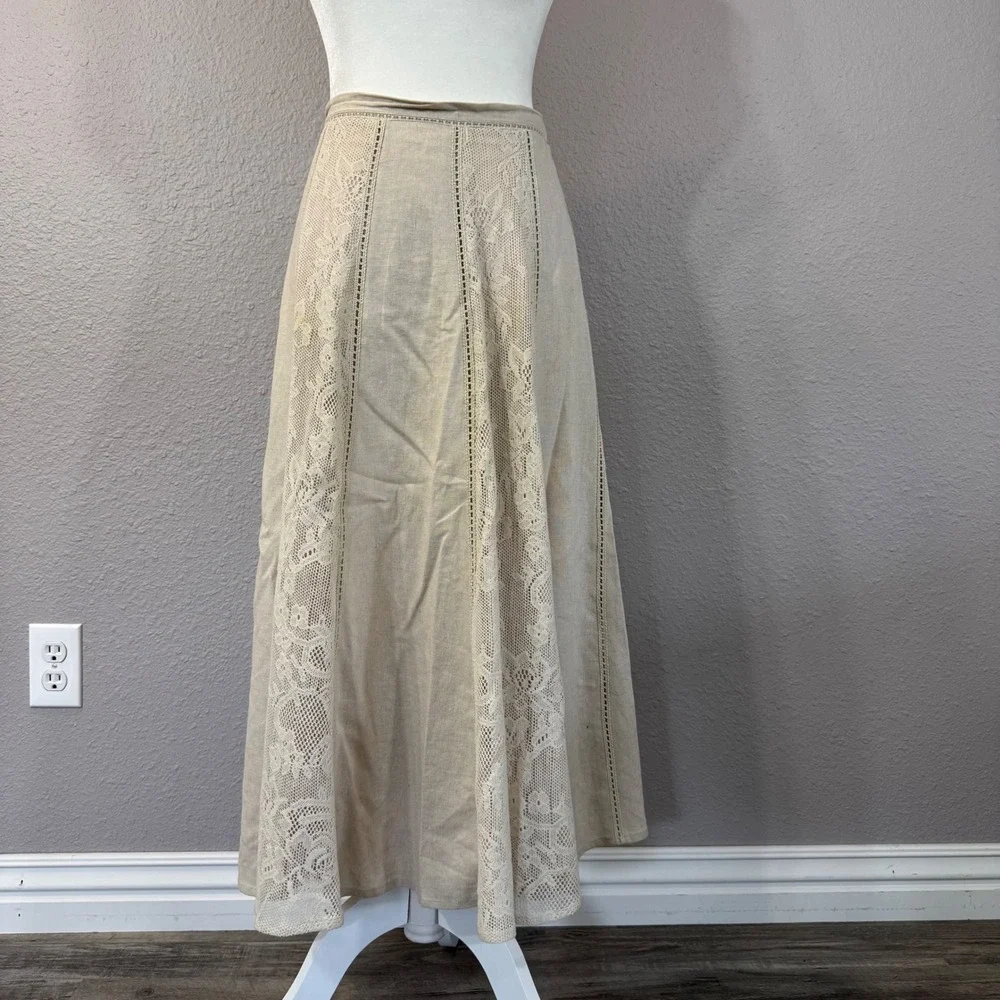 Coldwater Creek Women's Size PS Tan Linen Blend Crochet Lace Panel Maxi Skirt